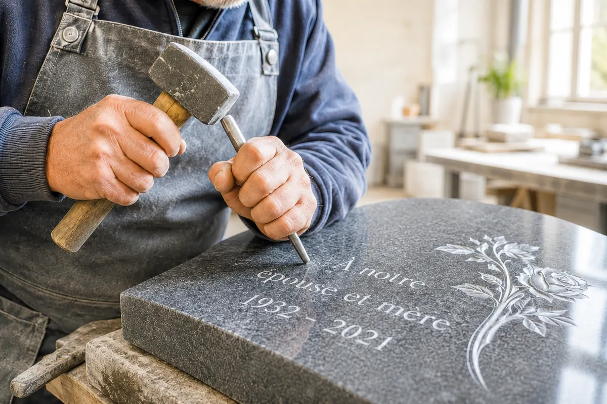 Un marbrier grave l’inscription d’une stèle en granit